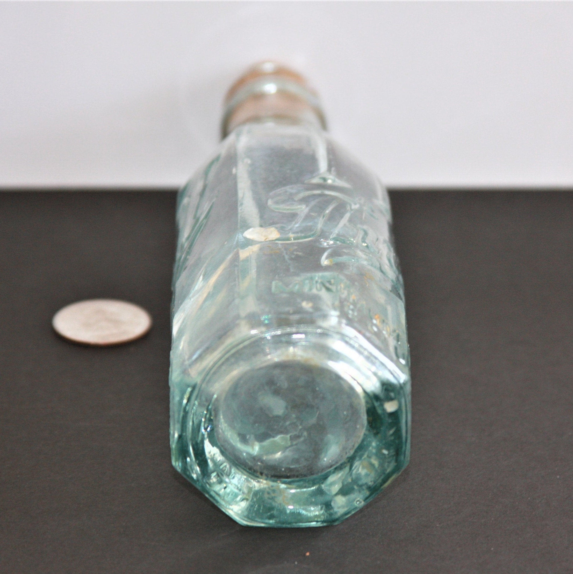Antique Thrill Soda Bottle. 1920s Aqua Green Antique Glass. Handblown
