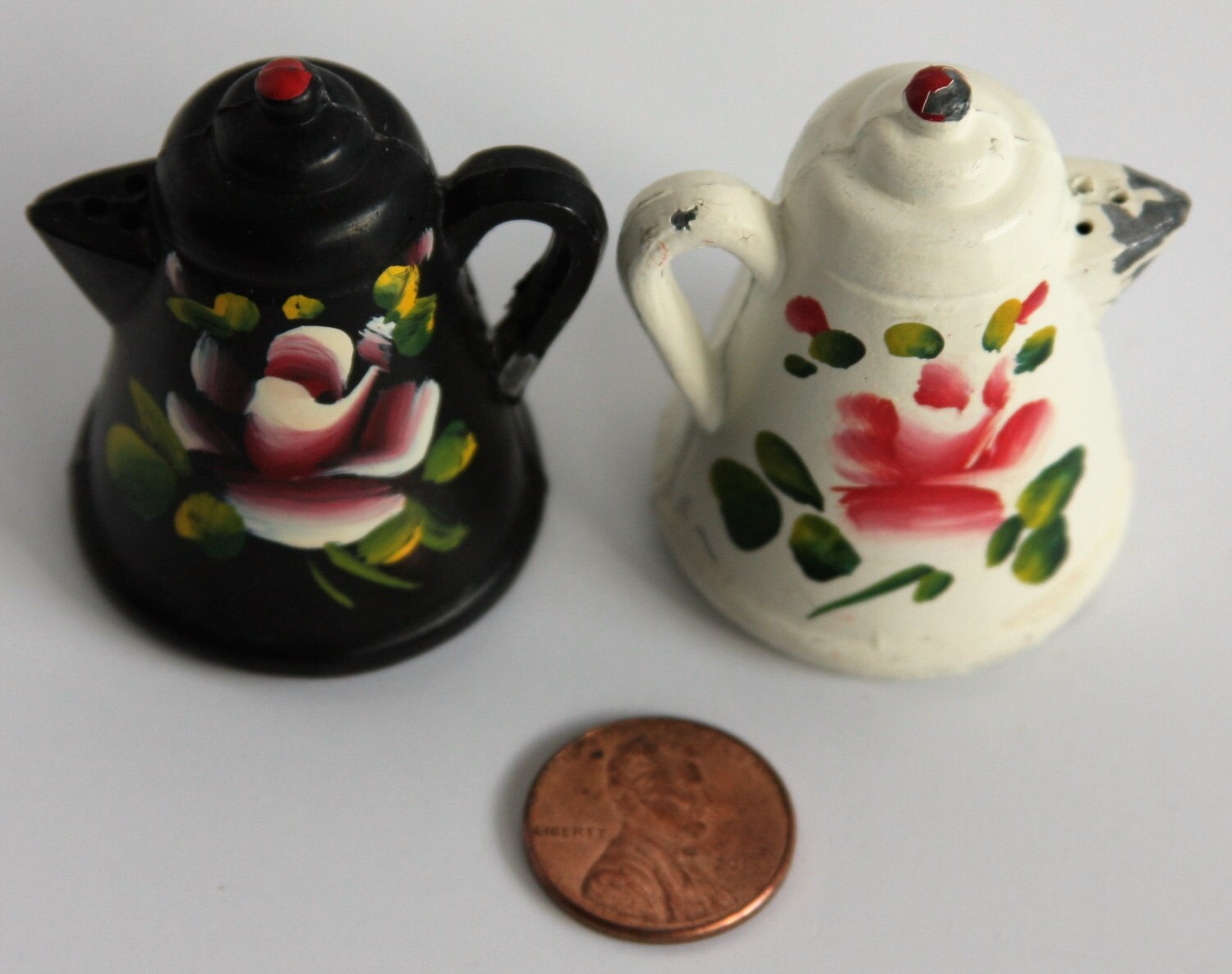 1940s Black and White Salt and Pepper Shakers. Metal Vintage Salt and