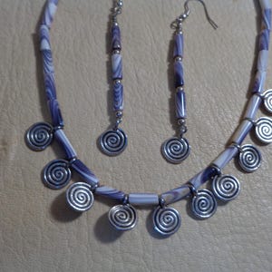 Unisex Native Amer Purple Wampum & Silver Swirl Necklace and Earring Set