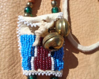 Small Beaded Medicine Bag/Pouch Hairpipe Horse Hair Beads Blue & Red