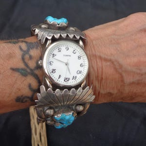 Reloj de pulsera grande de plata esterlina con turquesa estilo Navajo para hombre, estilo vintage.