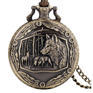 On Sale - Vintage Bronze Wolf Quartz Pocket Watch Steampunk