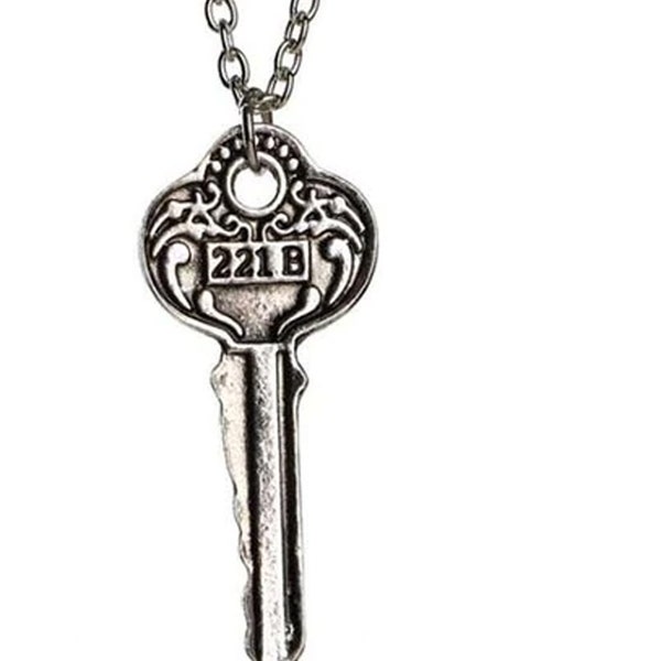 On Sale 221B Key Silver Necklace Vintage Antique Silver Color Pendant for Men and Women - Sherlock Holmes - Free Shipping. Baker Street