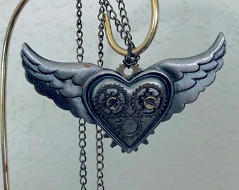Steampunk Wings with Heart and Gears Necklace