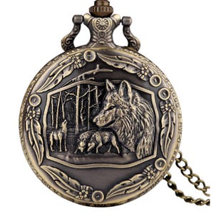 Vintage Bronze Wolf Quartz Pocket Watch Steampunk - holiday sale