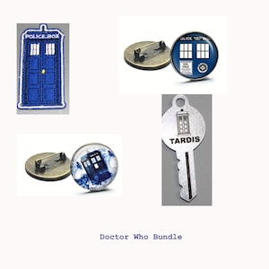 May include: Doctor Who themed bundle featuring a blue and white TARDIS key chain, a blue and white TARDIS pin, a blue and white TARDIS pin with a blue and white TARDIS image, and a blue and white TARDIS patch with the text "POLICE BOX" in white.