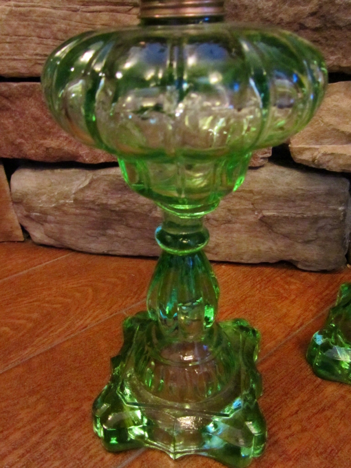 Pair of Vintage Depression Green Cut Glass Oil Lamp with Etsy