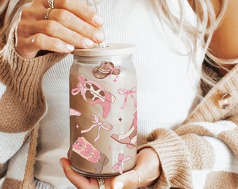 Coquette Cowboy Boots & Pink Ribbons: Iced Coffee Cup with Lid and Straw, Cowgirl Boots Beer Can Glass Sipping Cup Gift, Gift for Her