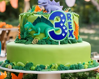 3 Rex Dinosaur Cake Topper - Roar Dinosaur Party Decor for 3rd Birthday, T-Rex Theme Cake Decoration, Dino Party Decor for Boys and Girls