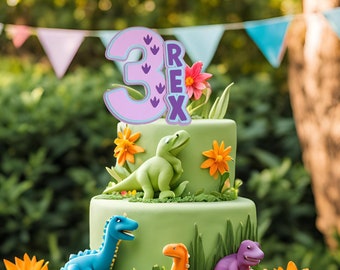 3 Rex Dinosaur Cake Topper - Roar Dinosaur Party Decor for 3rd Birthday, T-Rex Theme Cake Decoration, Dino Party Decor for Boys and Girls