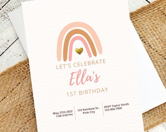 Boho Pink Rainbow Editable 5 x 7 Birthday Invitation | Rainbow Party  | Baby Rainbow Shower | Pastel Rainbow Party | 1st Birthday Invite