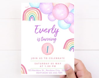 Pastel Rainbow Birthday Invitation and Thank you Card Bundle Set | Editable Invite and Thank you Card | 1st Birthday Party | Rainbow Party