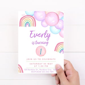 Pastel Rainbow Birthday Invitation and Thank you Card Bundle Set | Editable Invite and Thank you Card | 1st Birthday Party | Rainbow Party