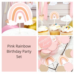 Pink Boho Rainbow Party Set | Personalized Pink Rainbow Cupcake Toppers | Boho Rainbow Party | Rainbow Birthday | Muted Pink Rainbow Party