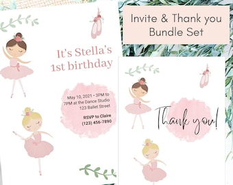 Editable Ballerina Birthday Invitation and Thank you Card Bundle | Princess Swan Ballerina Party | Ballet Party | Personalized Printable
