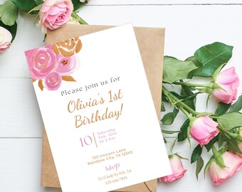 Editable Pink & Gold 1st Birthday Invite and Thank you Card set | Canva Template for Girls Birthday | DIY Floral Design Instant Download