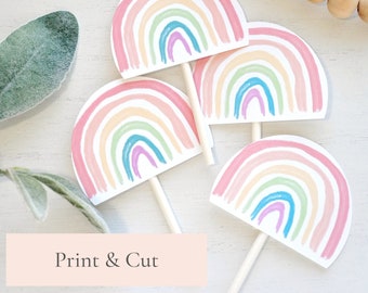 Watercolor Pastels Rainbow Cupcake Toppers Print and Cut | Rainbow Party | Rainbow Birthday | Pastels Rainbow Party | Rainbow Baby