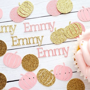 Personalized Pink and Gold Pumpkin Confetti | First Birthday Party | Our Little Pumpkin | Name Confetti