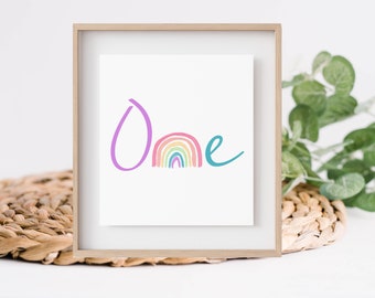 Printable Watercolor Rainbow One Sign 8 x 10 | Rainbow Party  | Baby Rainbow Shower Decor | Pastel Rainbow Party  Digital Download