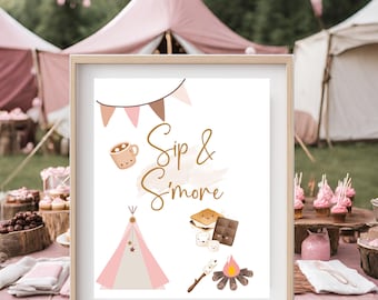 Boho Pink Camping Sip & S'more Sign - Rustic Party Decor - Pink Birthday Party Decorations - Campfire Vibes - Glamping Party Decor