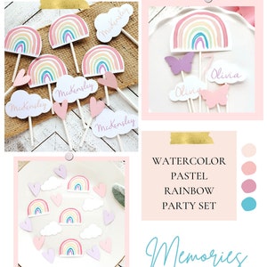 Personalized Pastels Rainbow 4 item Party Set | Rainbow Party | Rainbow Birthday Centerpiece | First Birthday Party | Rainbow Party Decor