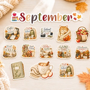 May include: A collection of die-cut stickers featuring autumn themes, including a September header, a cat in a scarf, apple baskets, school supplies, coffee, and seasonal activities. Each sticker displays detailed illustrations with warm fall colors.