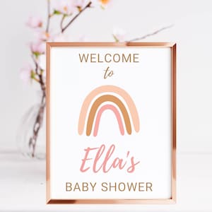 Bearbeitbares personalisiertes Boho Rosa Regenbogen-Babyparty-Willkommensschild 8 x 10 | Regenbogen-Babyparty-Dekor | Pastell Regenbogen Party | Canva Vorlage