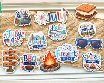July Calendar Magnet Bundle, Summer Camping Planner Magnets for Dry Erase Magnetic Whiteboard, Fourth of July Set