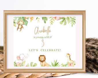 Young Wild and Three Table Sign 8 x 10 | Editable Safari Birthday Decor | Young Wild and Three Birthday | Safari Themed Birthday
