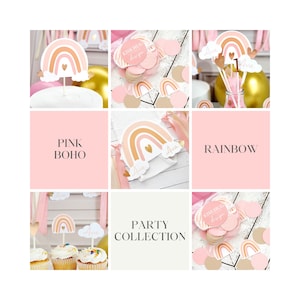 Boho Pink Rainbow Large Party Set | Personalized Pink Rainbow Cupcake Toppers | Boho Rainbow Party | Muted Pink Pastel Rainbow Party