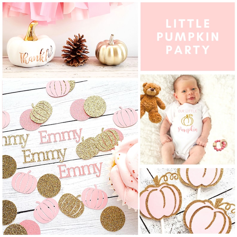 May include: Pink and gold pumpkin themed baby shower decorations. The decorations include a white pumpkin with the word "Thankful" written on it, a pink and gold glitter pumpkin, a pink and gold glitter cupcake, and a pink and gold glitter pumpkin banner with the name "Emmy" written on it.