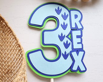 3 Rex Dinosaur Cake Topper in Light Blue - 3rd Birthday T-Rex Cake Decoration, Roar Dinosaur Party Decor, Dino Theme Cake Topper