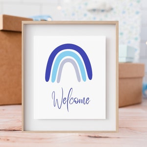 Druckbares Boho Blaues Regenbogen Willkommensschild 8 x 10 | Regenbogen Party | Baby Junge Regenbogen-Dusche-Dekor | Sofortiger digitaler Download | Gedämpftes blaues Schild