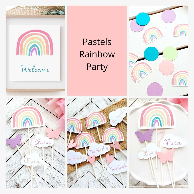 Personalized Watercolor Pastels Rainbow Cupcake Toppers Etsy