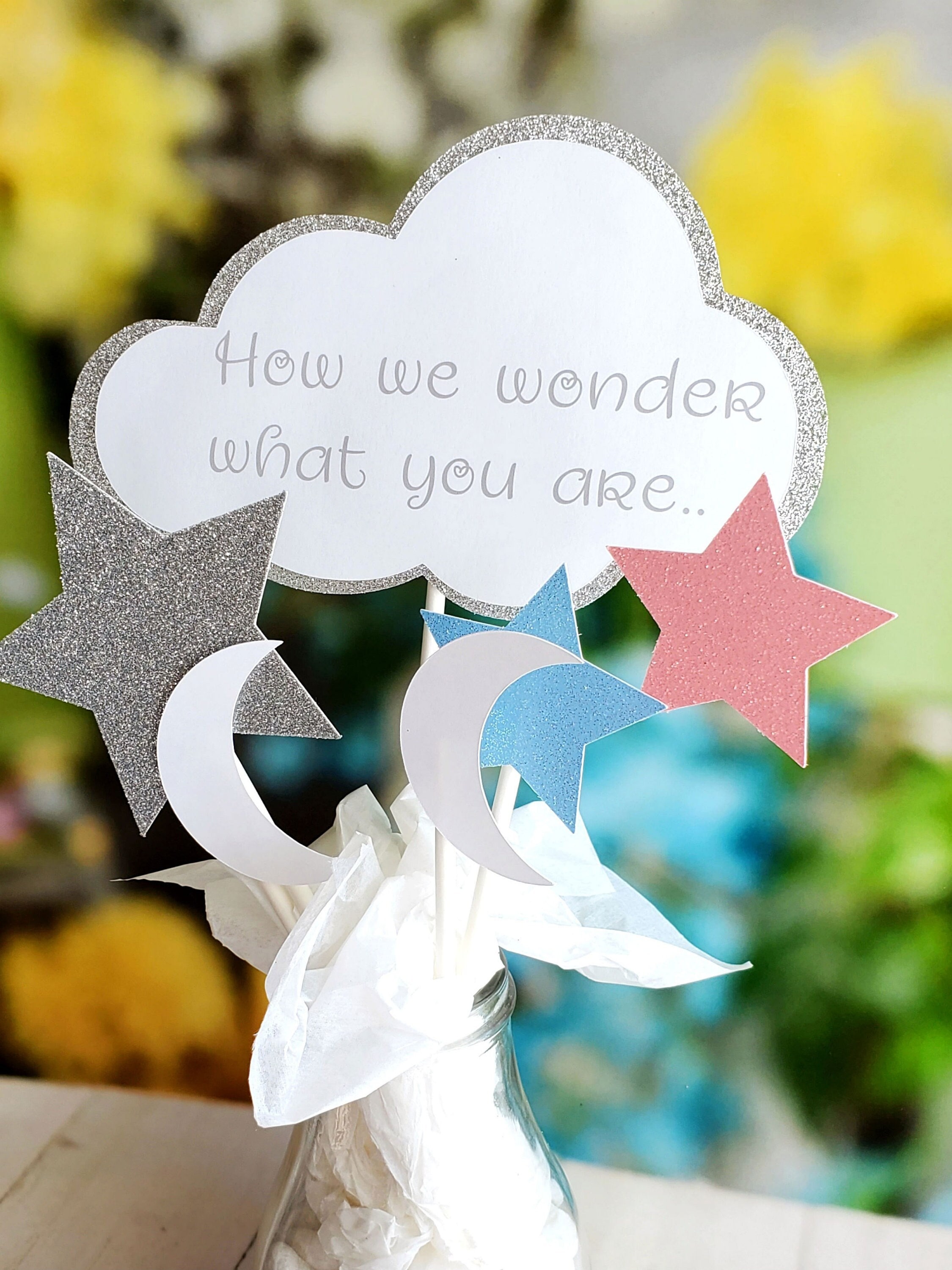 Twinkle Twinkle Little Star and Moon Gender Reveal 5 piece Centerpiece Silver Glitter Twinkle Star Party Twinkle Little Star