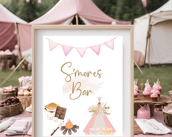 Boho Pink Camping S'mores Bar Sign - Rustic Party Decor - Pink Birthday Party Decorations - Campfire Vibes - Glamping Birthday Party