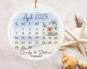 Personalized Engagement Ornament Beach Theme, Custom Engagement Gift for Couples, Engagement Party Calendar Ornament, Engagement Keepsake