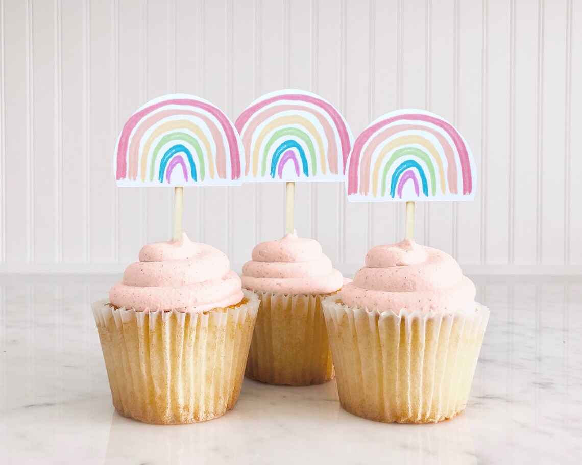 Watercolor Pastels Rainbow Cupcake Toppers Rainbow Party Etsy