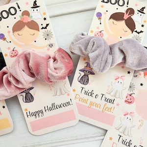 Halloween Ballerina druckbare Karten für Gastgeschenke | Süßes sonst gibts Saures Scrunchie Karten | DIY Halloween Ballett / Klassenzimmer Geschenke