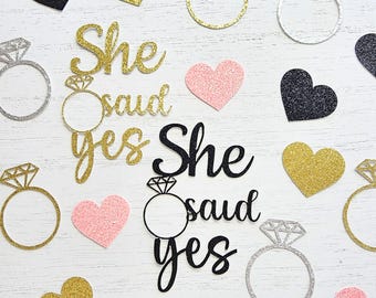She Said Yes Engagement Party Confetti | Gold Pink Black Heart Confetti | Engagement Ring Confetti | Table Decor | Bridal Shower Confetti