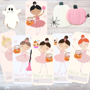 Cartões para impressão de bailarina de Halloween de doces ou travessuras para festas de sala de aula e aniversários | Cartões imprimíveis fofos de Halloween | Halloween infantil