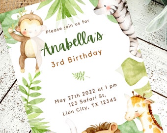 Printable Safari Birthday Invitation | Editable Safari Birthday Party | Young Wild and Three Birthday | Safari Themed Birthday