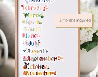 Calendar Month Magnets | Custom Magnets for Whiteboards | Calendar Magnets for Home Office, Dorm decor, Teacher classroom | 12 Month Labels