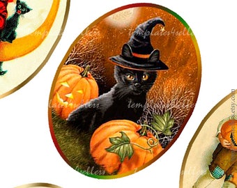 Digital Collage Sheet  Witches Halloween Cat 30x40 mm oval images Scrapbooking Pendants Original  Printable 4x6 inch sheet 432