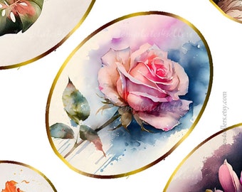 Digital Collage Sheet Watercolor Flowers  Oval 30x40mm images Original  Printable for Pendants, scrapbooking, card making 4x6 inch sheet 882