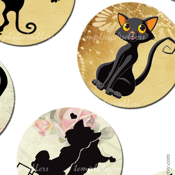 Digital Collage Sheet  Black Cat 1 inch round images Scrapbooking Pendants Printable Original  Vintage 4x6 inch sheet  213