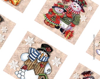 Digital Collage Sheet Snowman  Christmas New Year 2 inch square images Vintage Scrapbooking Pendants Printable Original 8.5x11 inch sheet