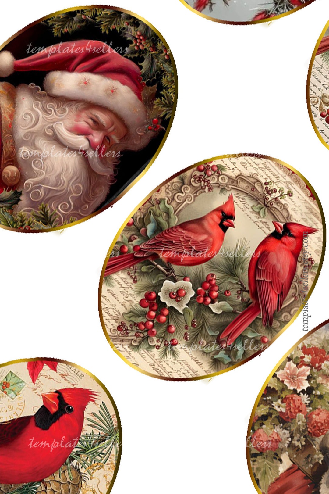 Digital Collage Sheet Cardinal Bird Vintage Background Santa Claus