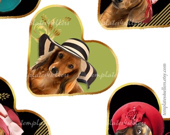 Dog in Hat Heart Shape Images Digital Collage Sheet 1 inch for pendants jewelry making  Original  Printable 4x6 inch 313