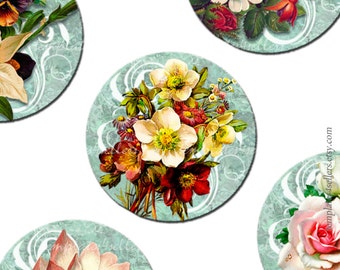 Digital Collage Sheet  Flowers on Vintage Background 1 inch round original images Scrapbooking Pendants Printable 4x6 inch sheet  142